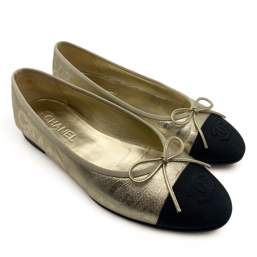 CHANEL Metallic Gold and Black Flats